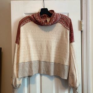 We The Free Cream and Rust Red Cowl Neck Sweater